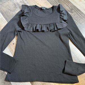 Veronica Beard Jeans Black Ribbed Ruffle Top | Feminine Chic | Elevated Basic| S